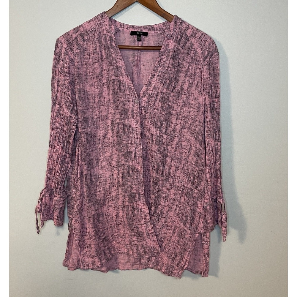 Anthropology Drew Top Linen Blend Women Large Pink Black Long Sleeve Shirt